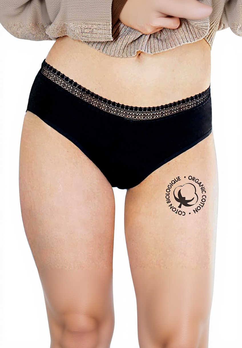 Culotte menstruelle LIGNE V en coton bio de couleur peau, montrant le design et la coupe