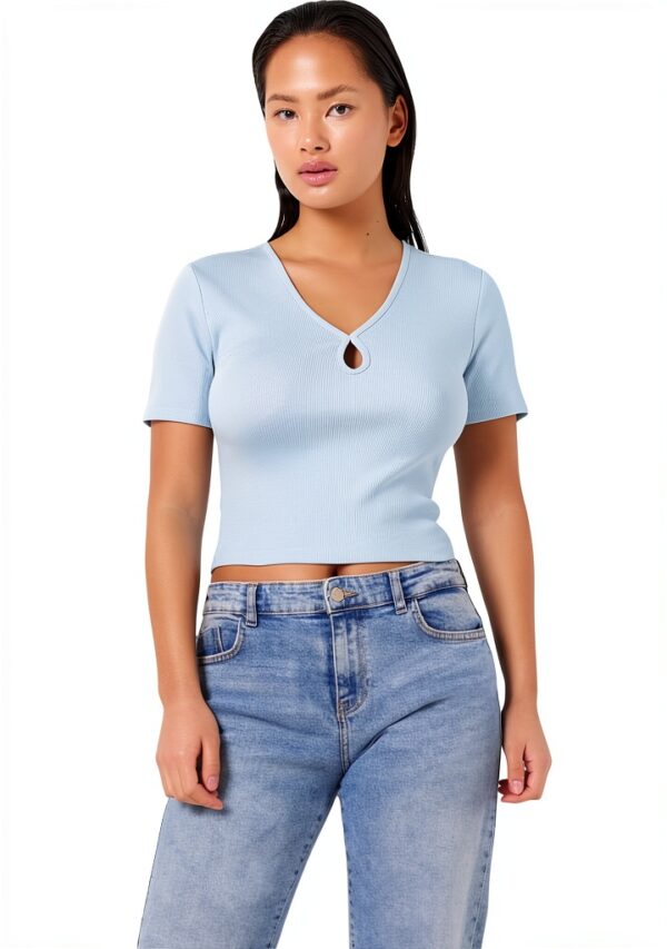 T-shirt Femme Bestseller Côtelé Détail Découpé Blanc-0