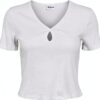 Bestseller T-shirt Femme Côtelé Découpes Devant Blanc Bleu-3