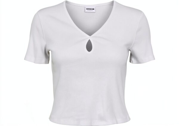 Bestseller T-shirt Femme Côtelé Découpes Devant Blanc Bleu-3