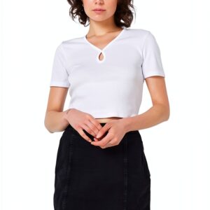 Bestseller T-shirt Femme Côtelé Découpes Devant Blanc Bleu-0