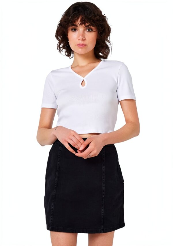 Bestseller T-shirt Femme Côtelé Découpes Devant Blanc Bleu-0