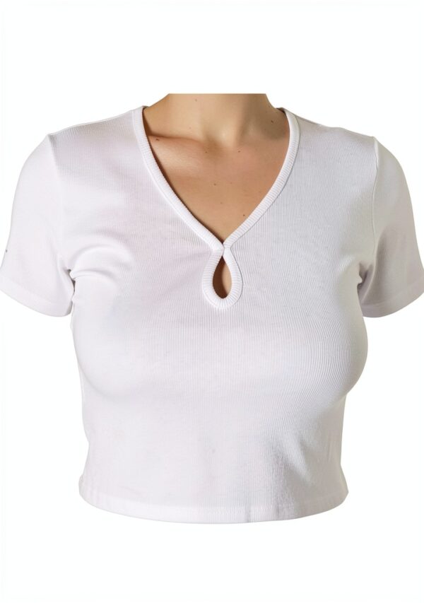 Bestseller T-shirt Femme Côtelé Découpes Devant Blanc Bleu-2