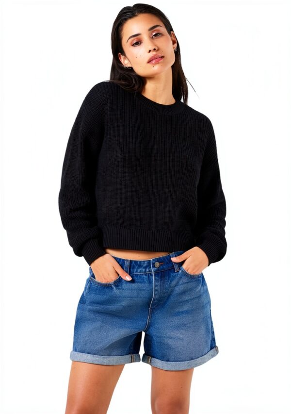 Pull court tricot Bestseller col côtelé femme olive noir-0