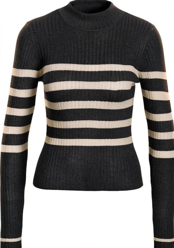 NOISY MAY Pull Tricoté Femme Noir Beige Col Rond Manches