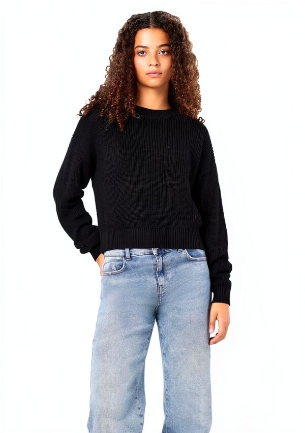 Pull court tricot Bestseller col côtelé femme olive noir-2