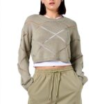 Pull tricot cropped Bestseller femme col côtelé Desert Sage-0