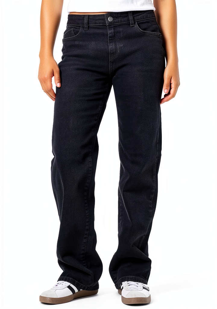 Jean femme noir Bestseller denim stretch taille 30 posé sur un plan de travail en bois, montrant la texture du tissu et la coupe droite