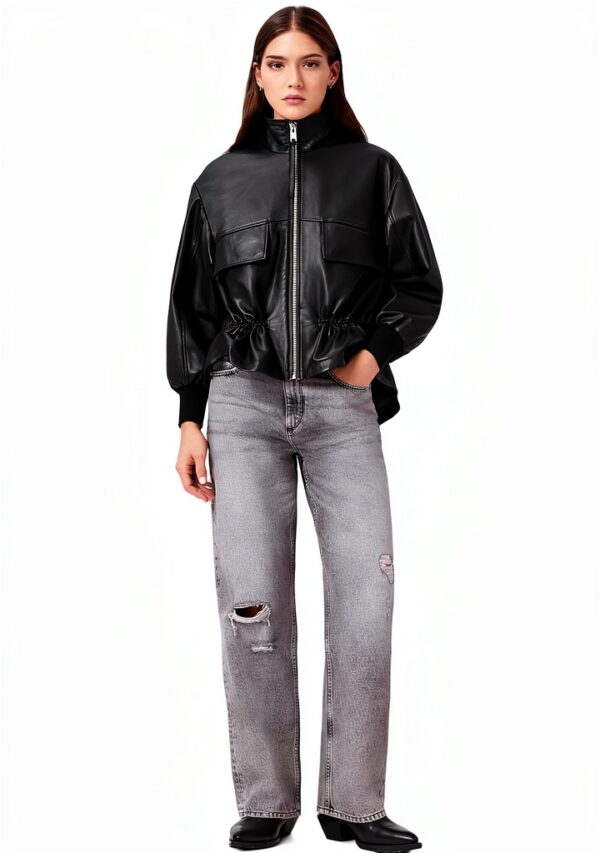 AllSaints Flor Jacket Veste en cuir femme noir coupe col funnel-1