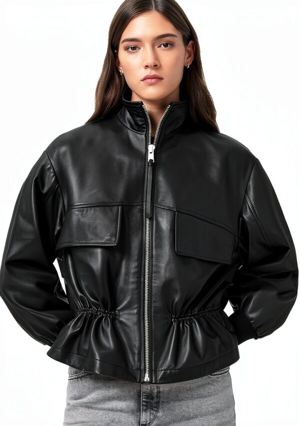 AllSaints Flor Jacket Veste en cuir femme noir coupe col funnel-3