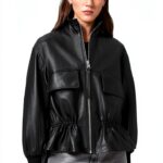 AllSaints Flor Jacket Veste en cuir femme noir coupe col funnel-0