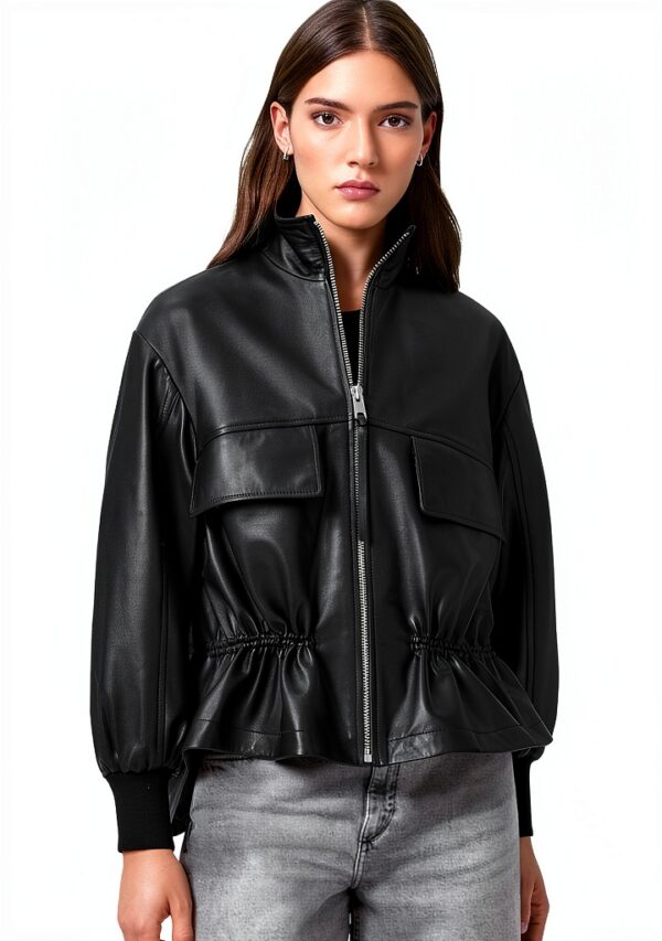 AllSaints Flor Jacket Veste en cuir femme noir coupe col funnel-0