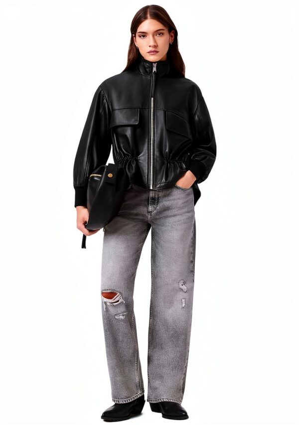 AllSaints Flor Jacket Veste en cuir femme noir coupe col funnel-4
